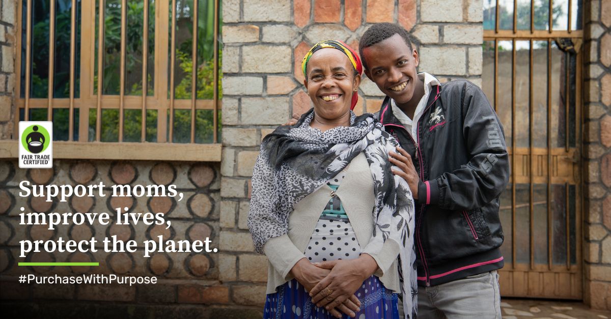 Photo of mother and son standing next to each other with text overlay: Support moms, improve lives, protect the planet.